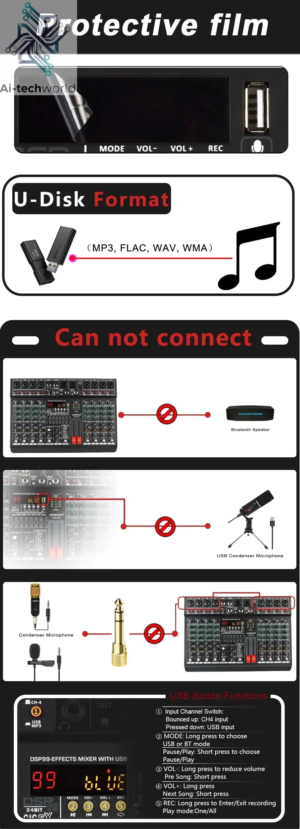 LOMEHO 8 Channels Mixing Console 99 DSP Effects 7 Band EQ 2 AUX Output 48V Audio Sound Mixer USB Bluetooth Dj Mix Table AM-GT8 Ai-TechWorld 