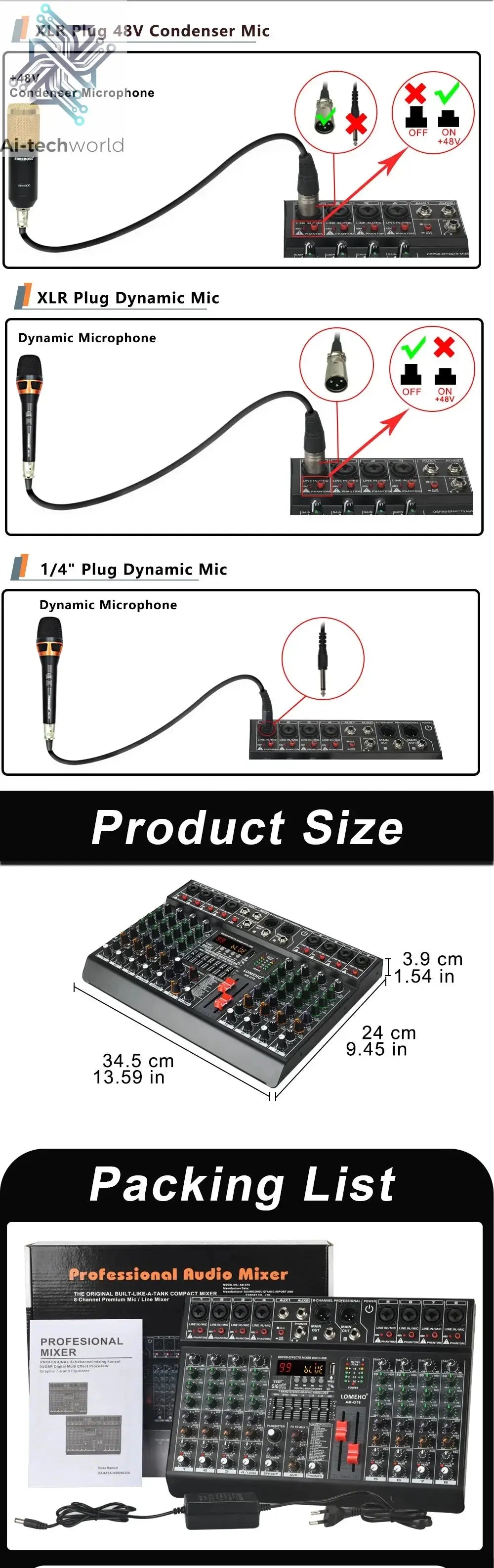 LOMEHO 8 Channels Mixing Console 99 DSP Effects 7 Band EQ 2 AUX Output 48V Audio Sound Mixer USB Bluetooth Dj Mix Table AM-GT8 Ai-TechWorld 
