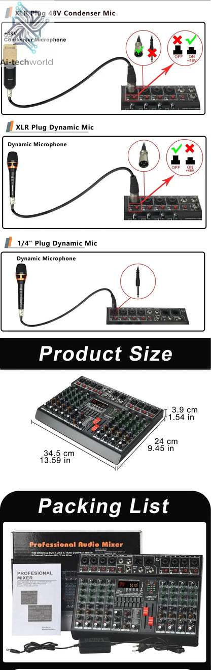 LOMEHO 8 Channels Mixing Console 99 DSP Effects 7 Band EQ 2 AUX Output 48V Audio Sound Mixer USB Bluetooth Dj Mix Table AM-GT8 Ai-TechWorld 