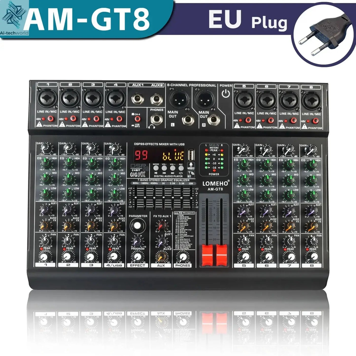 LOMEHO 8 Channels Mixing Console 99 DSP Effects 7 Band EQ 2 AUX Output 48V Audio Sound Mixer USB Bluetooth Dj Mix Table AM-GT8 Ai-TechWorld 
