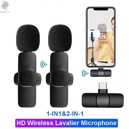 Microphone Wireless Lavalier Woman live streaming on her smartphone with the wireless mic receiver plugged in. Ai-TechWorld