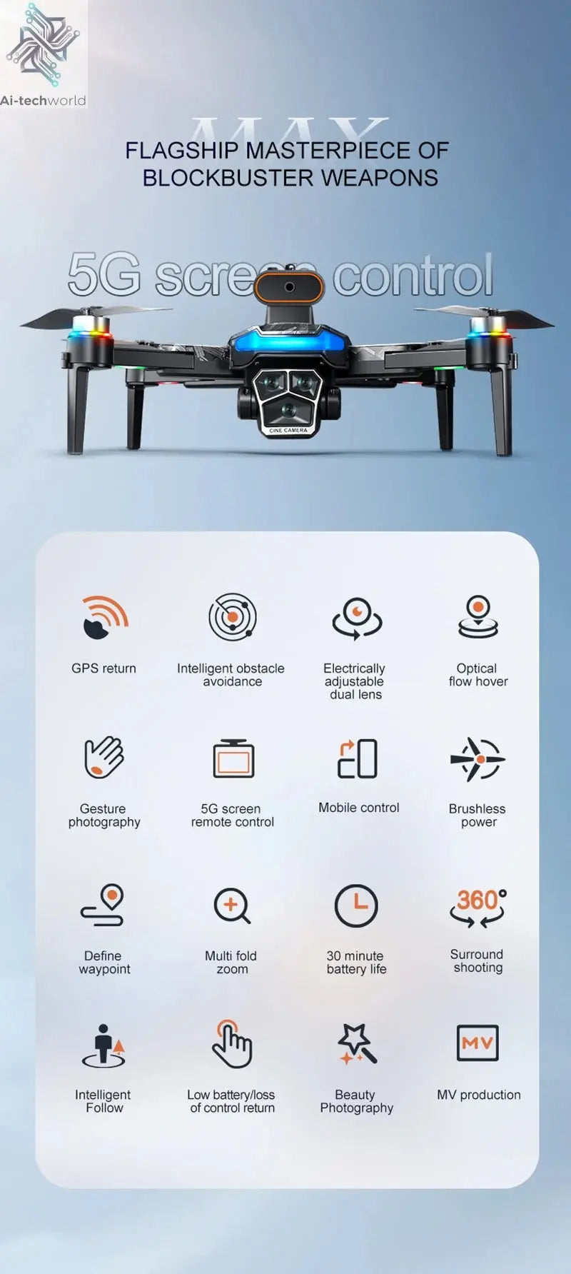 Lenovo A14 Pro Max Gps Drone Brushless Screen Control Obstacle Avoidance Optical Flow Intelligent Remote Control Aircraft 10000m Ai-TechWorld 