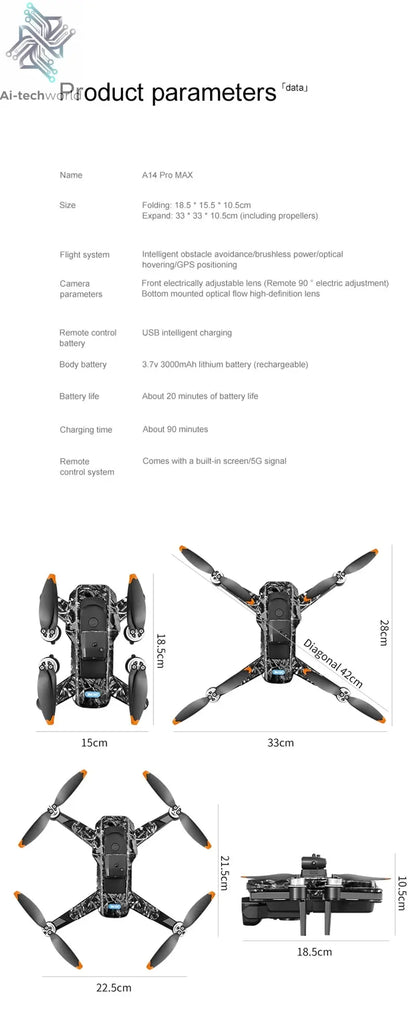 Lenovo A14 Pro Max Gps Drone Brushless Screen Control Obstacle Avoidance Optical Flow Intelligent Remote Control Aircraft 10000m Ai-TechWorld 