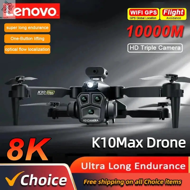 Lenovo K10Max Drone 8K Professinal Three Camera Optical Flow Localization Four-way Obstacle Avoidance RC for Adults Child Toys Ai-TechWorld 