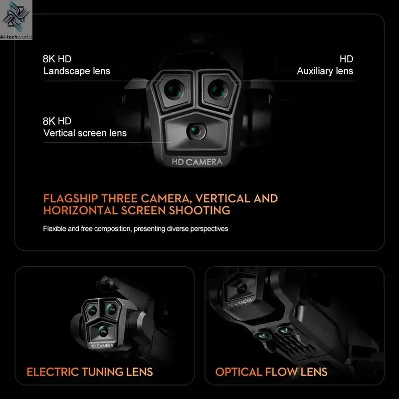 Lenovo K10Max Drone 8K Professinal Three Camera Optical Flow Localization Four-way Obstacle Avoidance RC for Adults Child Toys Ai-TechWorld 