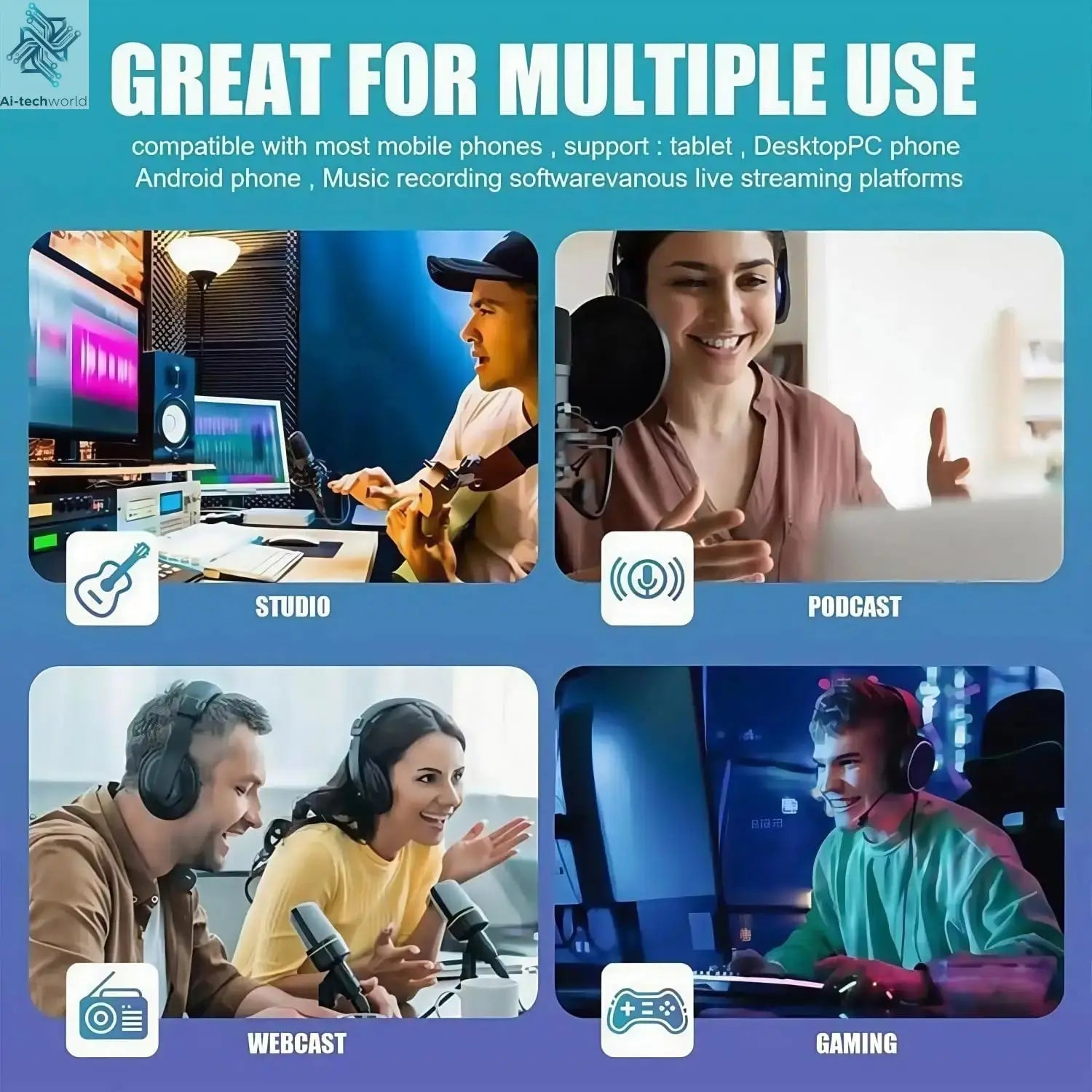 Live Podcast Equipment Set, with BM800 studio microphone, audio mixer supports a variety of sound effects, for PC,live broadcast Ai-TechWorld 