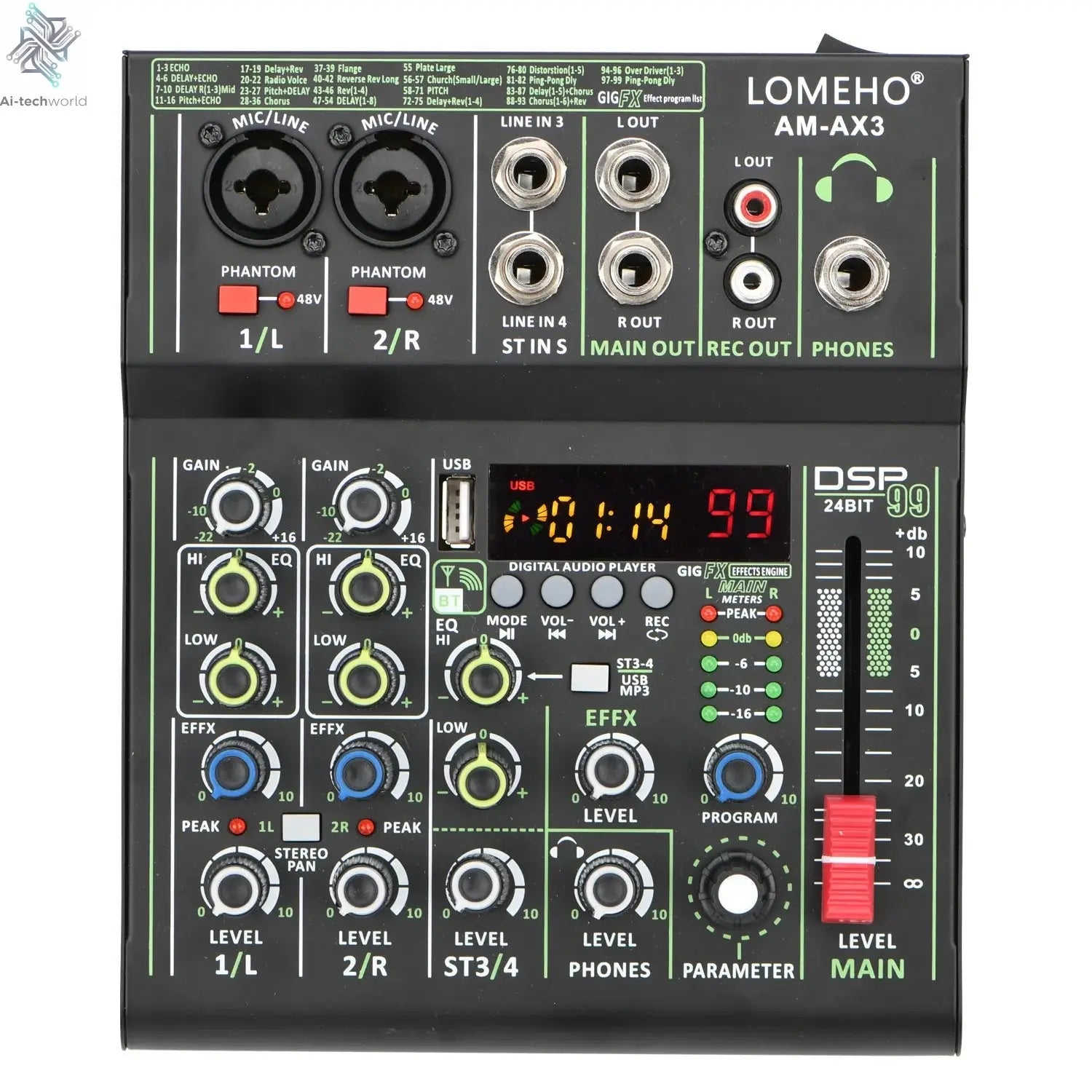 Lomeho 4 Channels Sound Mixer 48V 99 Digital Effect Portable Audio Table Bluetooth USB PC Record Mixing Console Church AM-AX3 Ai-TechWorld 