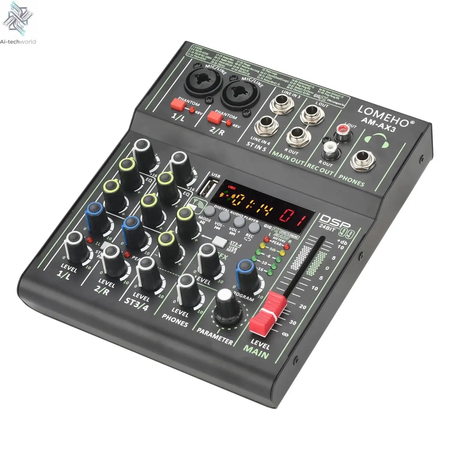 Lomeho 4 Channels Sound Mixer 48V 99 Digital Effect Portable Audio Table Bluetooth USB PC Record Mixing Console Church AM-AX3 Ai-TechWorld 