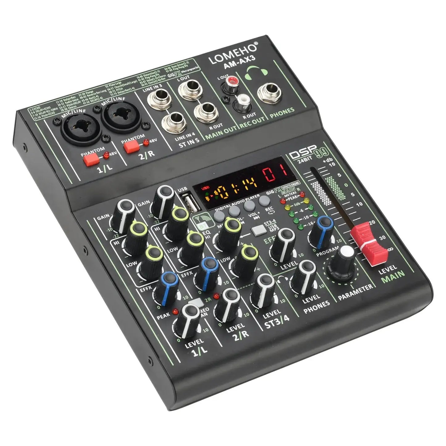 Lomeho 4 Channels Sound Mixer 48V 99 Digital Effect Portable Audio Table Bluetooth USB PC Record Mixing Console Church AM-AX3 Ai-TechWorld 