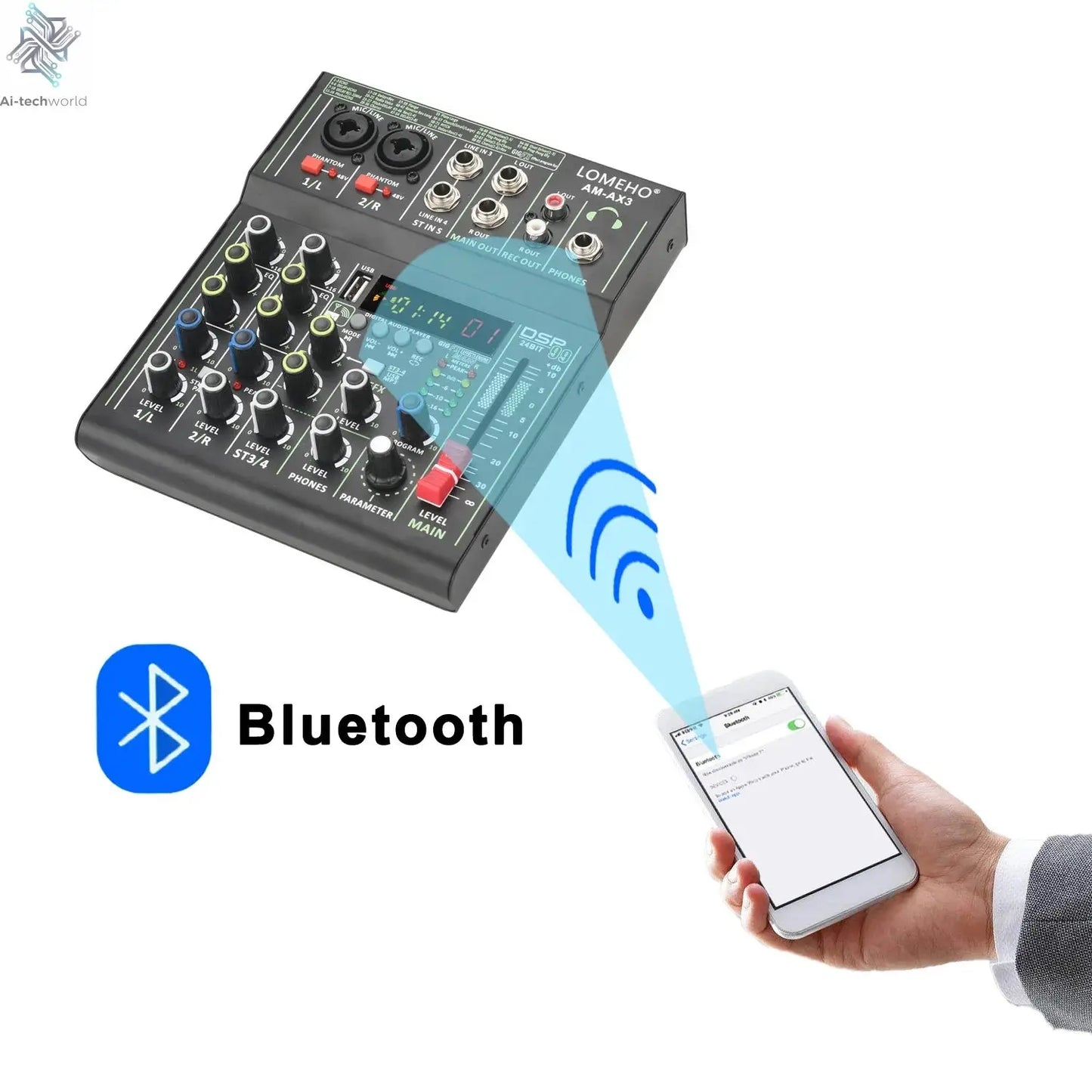 Lomeho 4 Channels Sound Mixer 48V 99 Digital Effect Portable Audio Table Bluetooth USB PC Record Mixing Console Church AM-AX3 Ai-TechWorld 