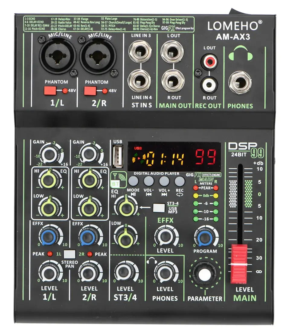 Lomeho 4 Channels Sound Mixer 48V 99 Digital Effect Portable Audio Table Bluetooth USB PC Record Mixing Console Church AM-AX3 Ai-TechWorld 
