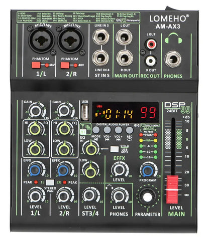 Lomeho 4 Channels Sound Mixer 48V 99 Digital Effect Portable Audio Table Bluetooth USB PC Record Mixing Console Church AM-AX3 Ai-TechWorld 