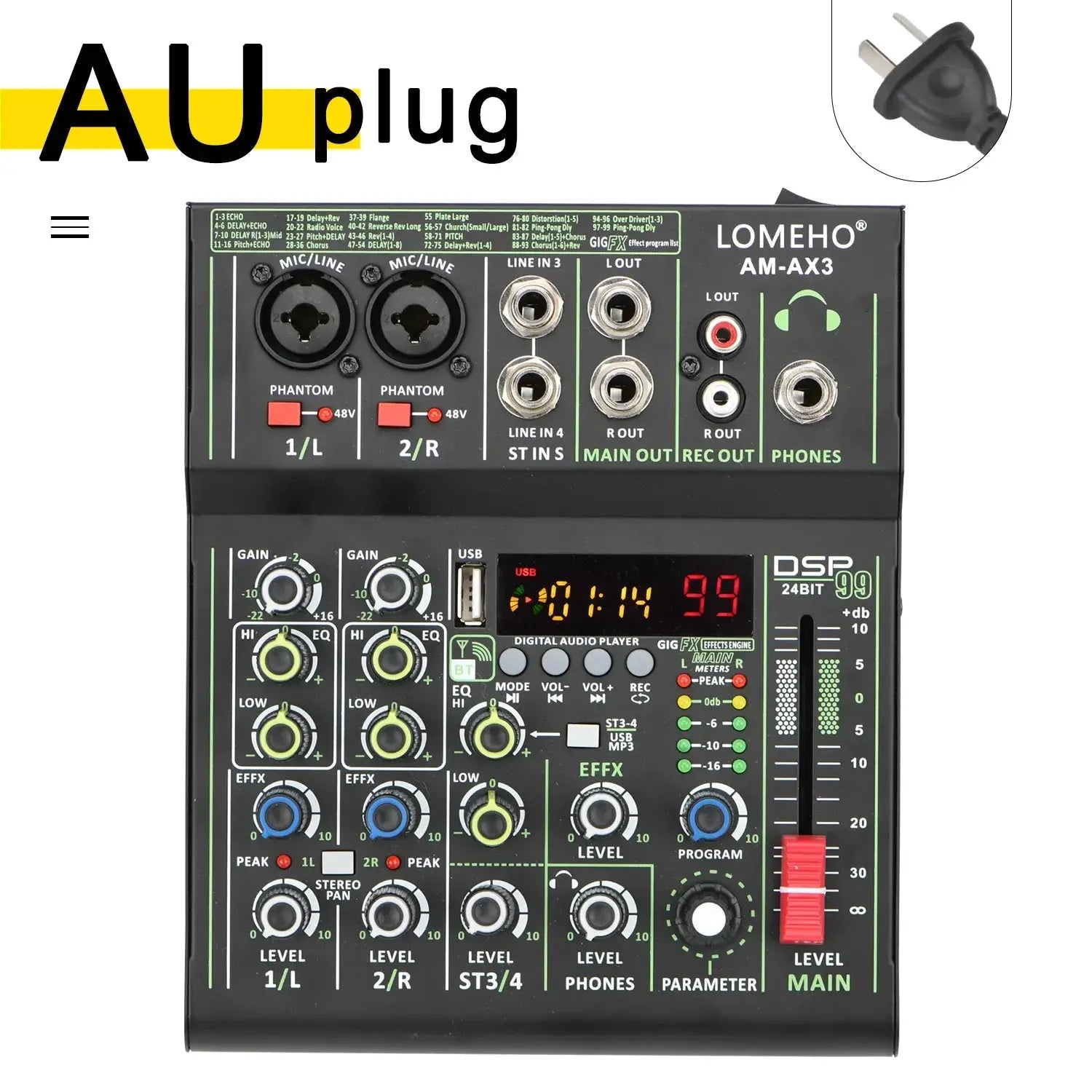 Lomeho 4 Channels Sound Mixer 48V 99 Digital Effect Portable Audio Table Bluetooth USB PC Record Mixing Console Church AM-AX3 Ai-TechWorld 