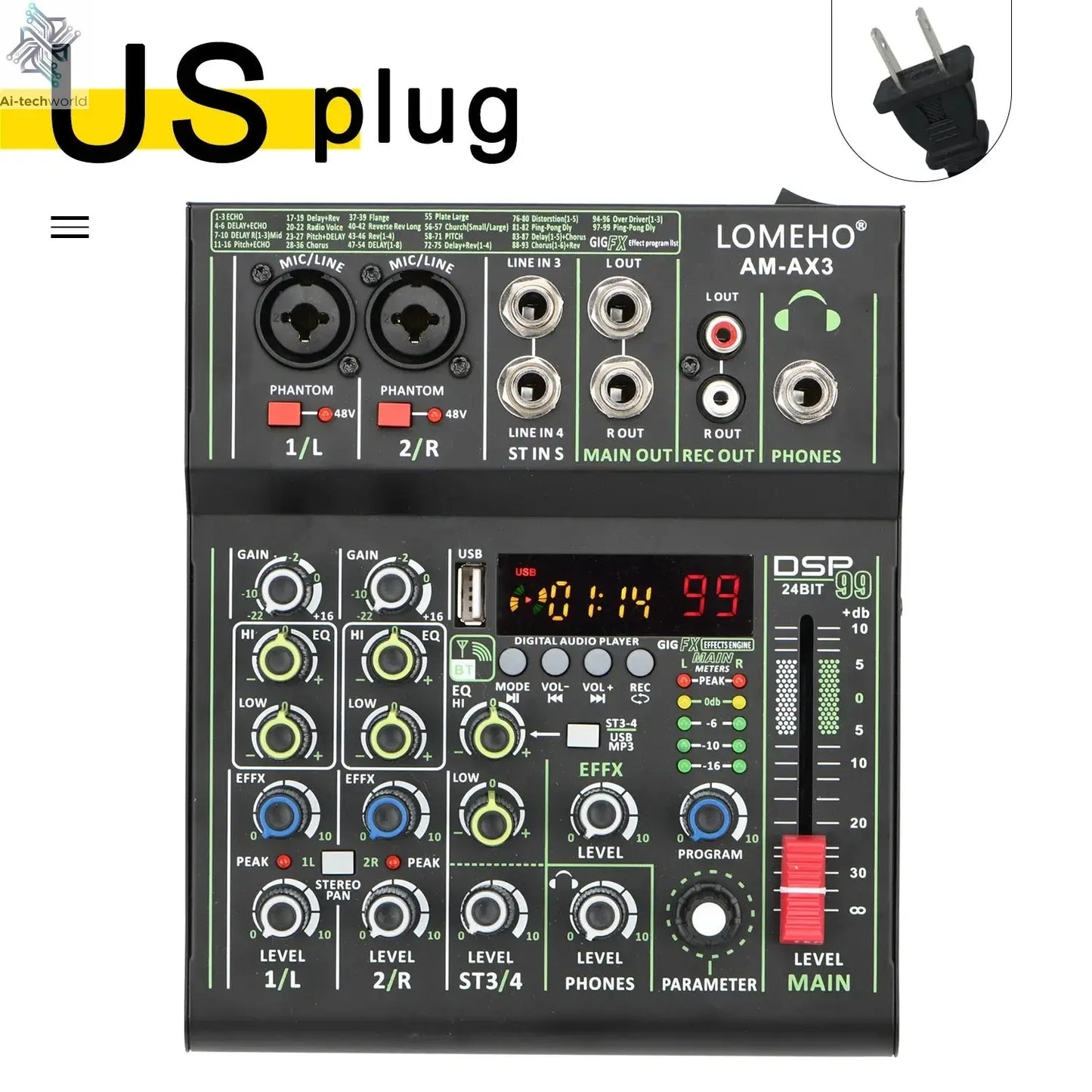 Lomeho 4 Channels Sound Mixer 48V 99 Digital Effect Portable Audio Table Bluetooth USB PC Record Mixing Console Church AM-AX3 Ai-TechWorld 