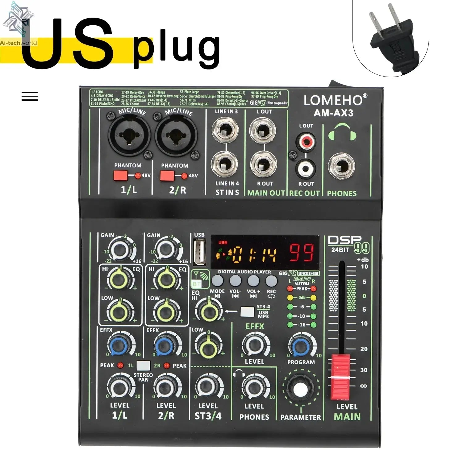Lomeho 4 Channels Sound Mixer 48V 99 Digital Effect Portable Audio Table Bluetooth USB PC Record Mixing Console Church AM-AX3 Ai-TechWorld 