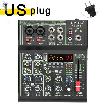 Lomeho 4 Channels Sound Mixer 48V 99 Digital Effect Portable Audio Table Bluetooth USB PC Record Mixing Console Church AM-AX3 Ai-TechWorld 