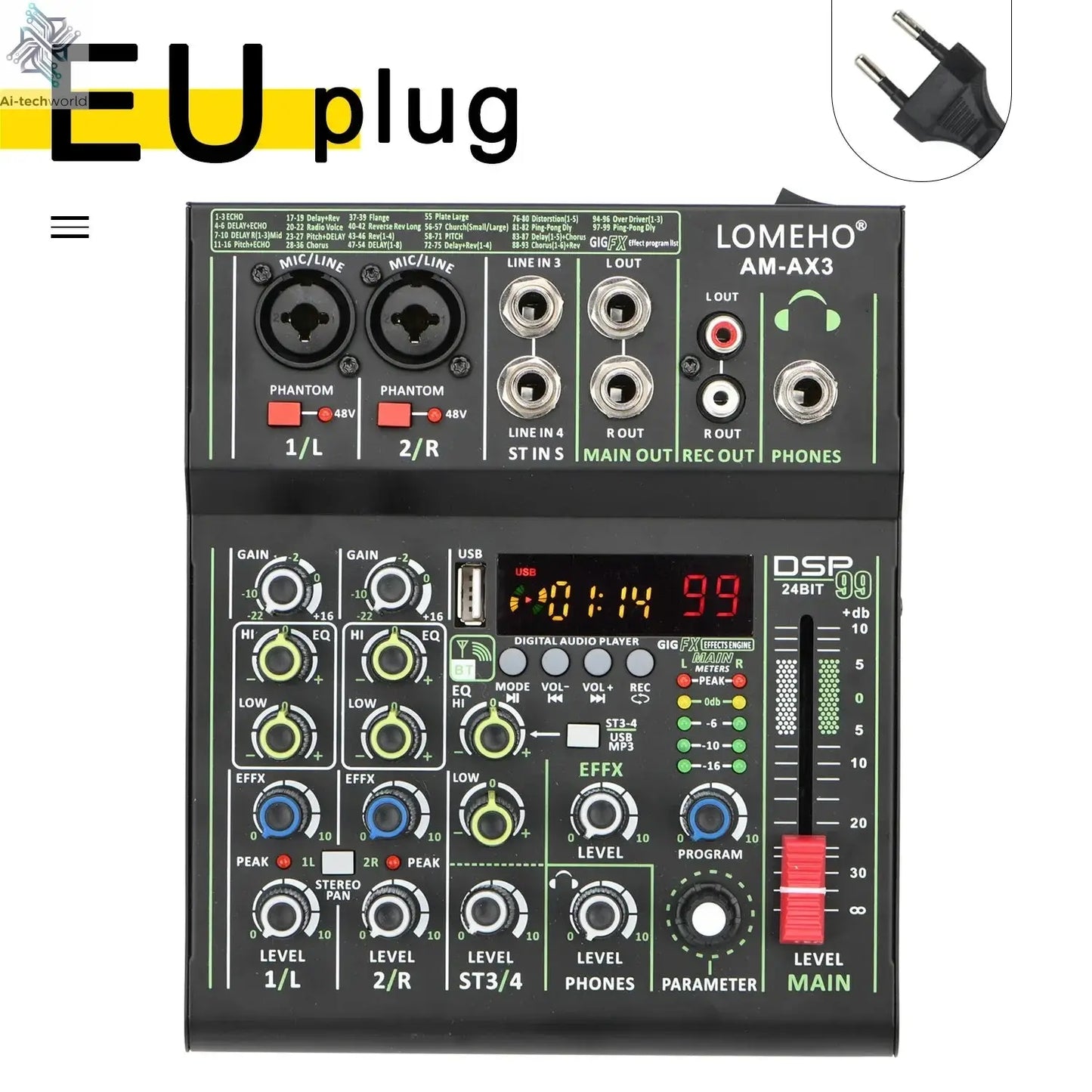 Lomeho 4 Channels Sound Mixer 48V 99 Digital Effect Portable Audio Table Bluetooth USB PC Record Mixing Console Church AM-AX3 Ai-TechWorld 