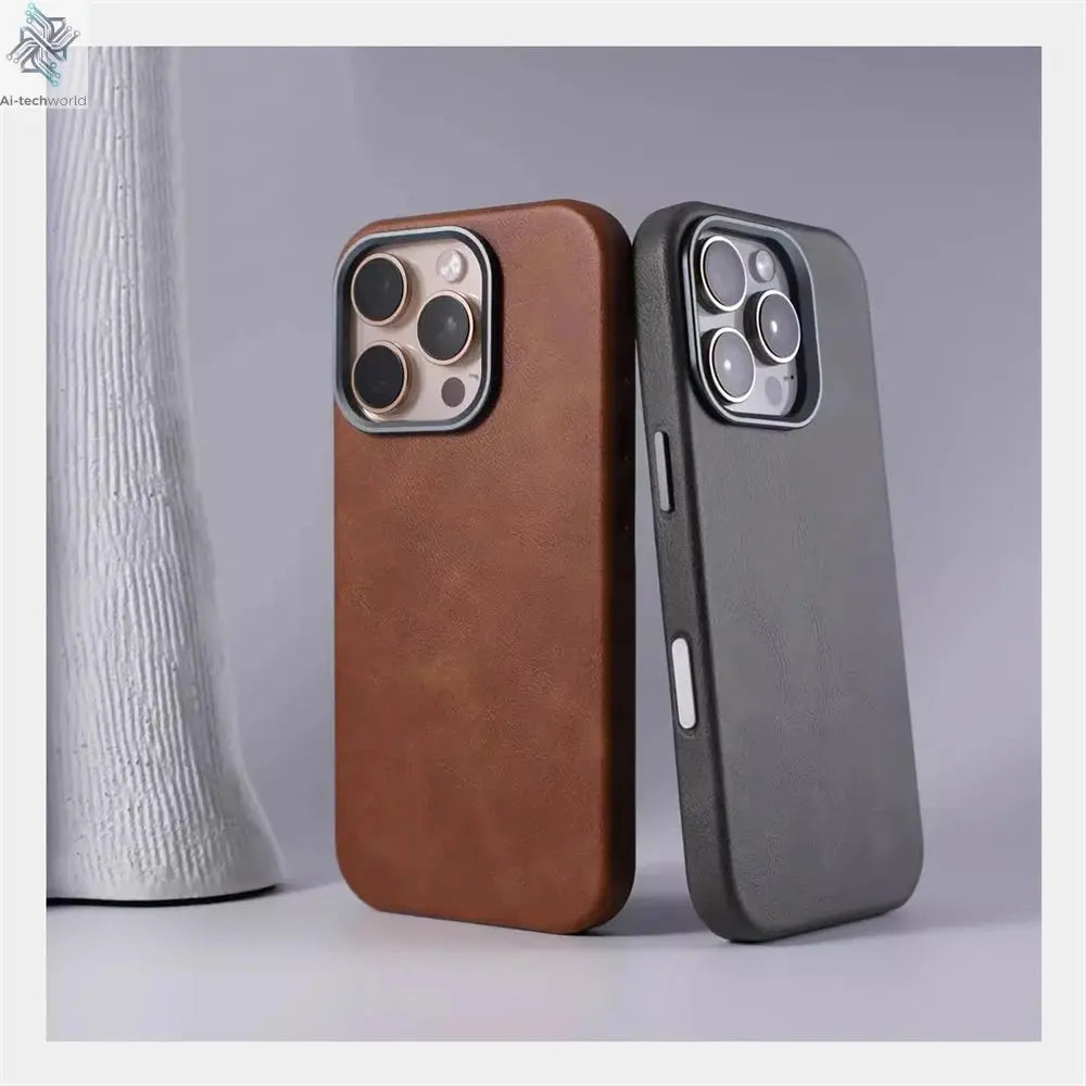 Luxury Business Retro Leather Magnetic Case For iPhone 17 Pro Max 16 Plus 15 14 13 MagSafe Alloy Lens Wireless Charging Cover Ai-TechWorld 
