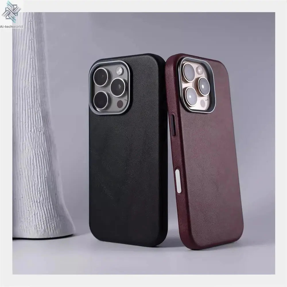 Luxury Business Retro Leather Magnetic Case For iPhone 17 Pro Max 16 Plus 15 14 13 MagSafe Alloy Lens Wireless Charging Cover Ai-TechWorld 