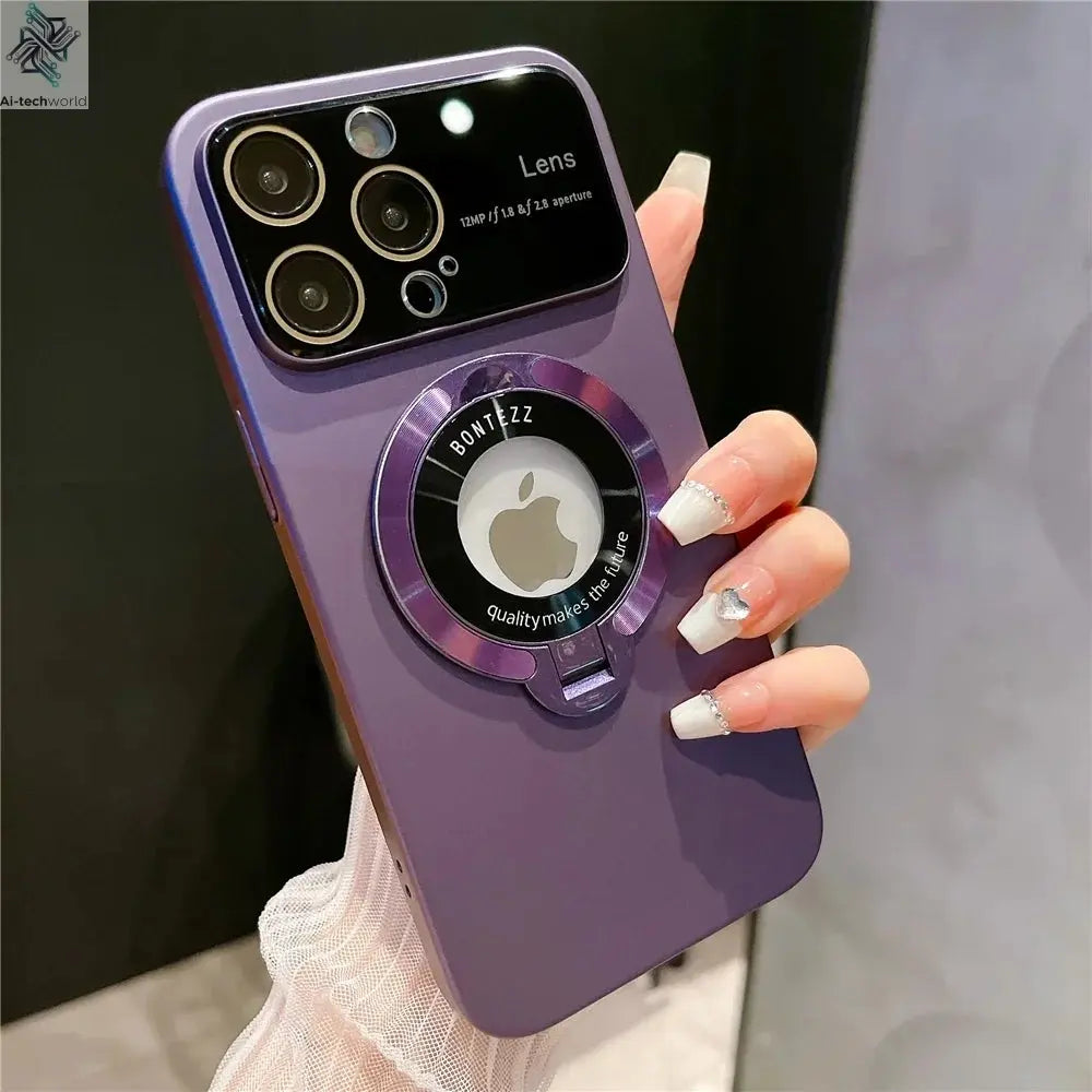 Luxury For Magsafe Case Magnetic Hard PC Frame Stand Phone Case For iPhone 16 Pro Max 15 Plus 11 12 13 14 Lens Protective Back Cover Ai-TechWorld 