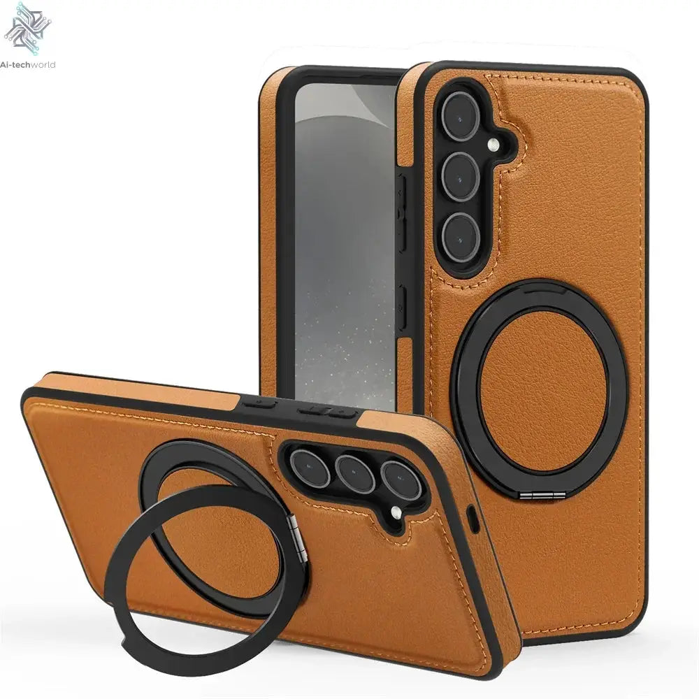 Luxury Leather Pattern Magnetic Stand Case For Samsung S25 S26 S24 S23 Ultra Plus S25 FE For Magsafe Shockproof Protection Case Ai-TechWorld 