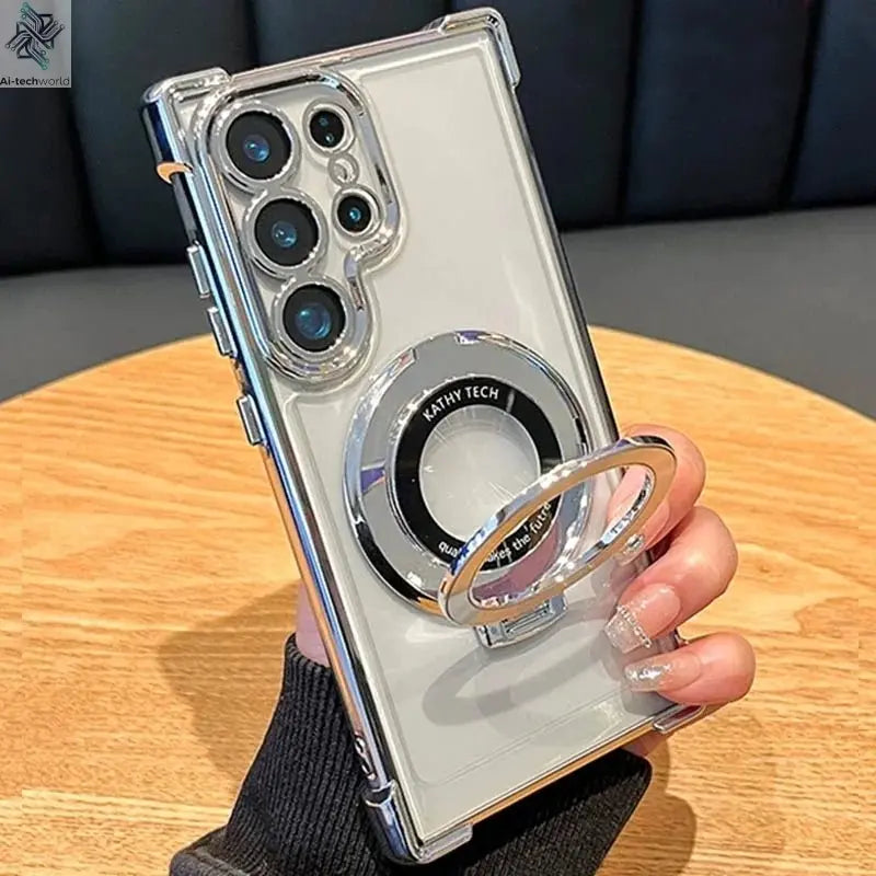 Luxury Magnetic Plating Stand Shockproof Clear Case For Samsung Galaxy S25 S24 Ultra S23 S22 Note 20 10 Plus Acrylic Back Cover - Ai - TechWorld