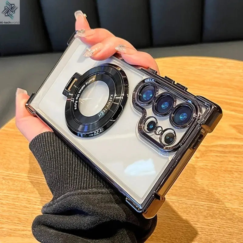 Luxury Magnetic Plating Stand Shockproof Clear Case For Samsung Galaxy S25 S24 Ultra S23 S22 Note 20 10 Plus Acrylic Back Cover - Ai - TechWorld