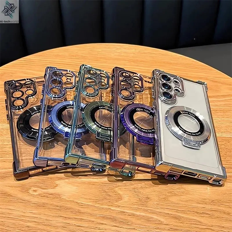 Luxury Magnetic Plating Stand Shockproof Clear Case For Samsung Galaxy S25 S24 Ultra S23 S22 Note 20 10 Plus Acrylic Back Cover - Ai - TechWorld