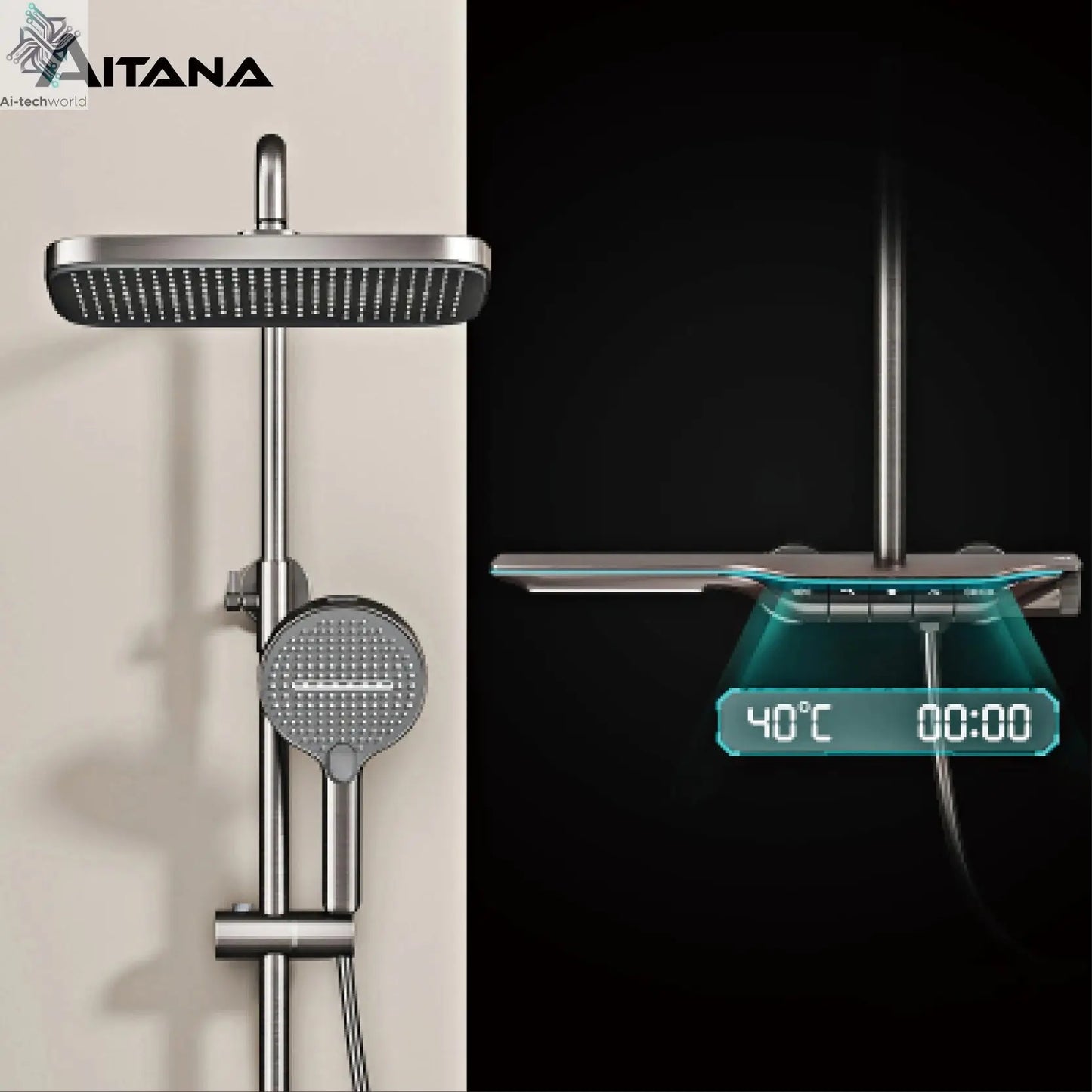 Luxury brass gun gray shower system intelligent LED digital display constant temperature design, dual control bathroom faucet Ai-TechWorld 