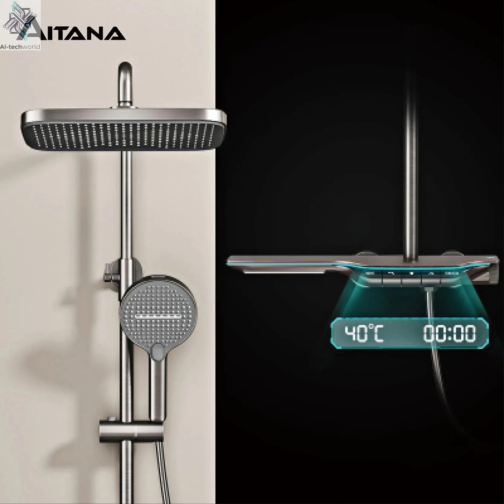 Luxury brass gun gray shower system intelligent LED digital display constant temperature design, dual control bathroom faucet Ai-TechWorld 