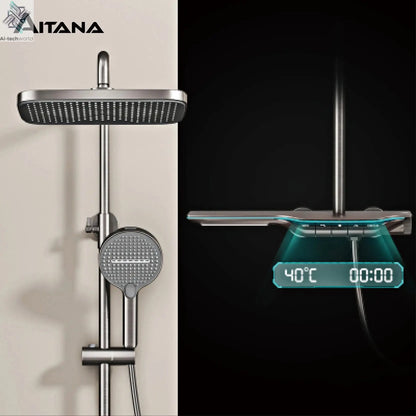 Luxury brass gun gray shower system intelligent LED digital display constant temperature design, dual control bathroom faucet Ai-TechWorld 