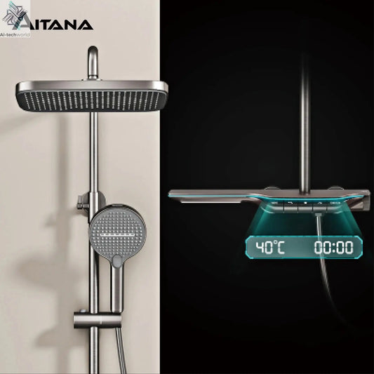 Luxury brass gun gray shower system intelligent LED digital display constant temperature design, dual control bathroom faucet Ai-TechWorld 