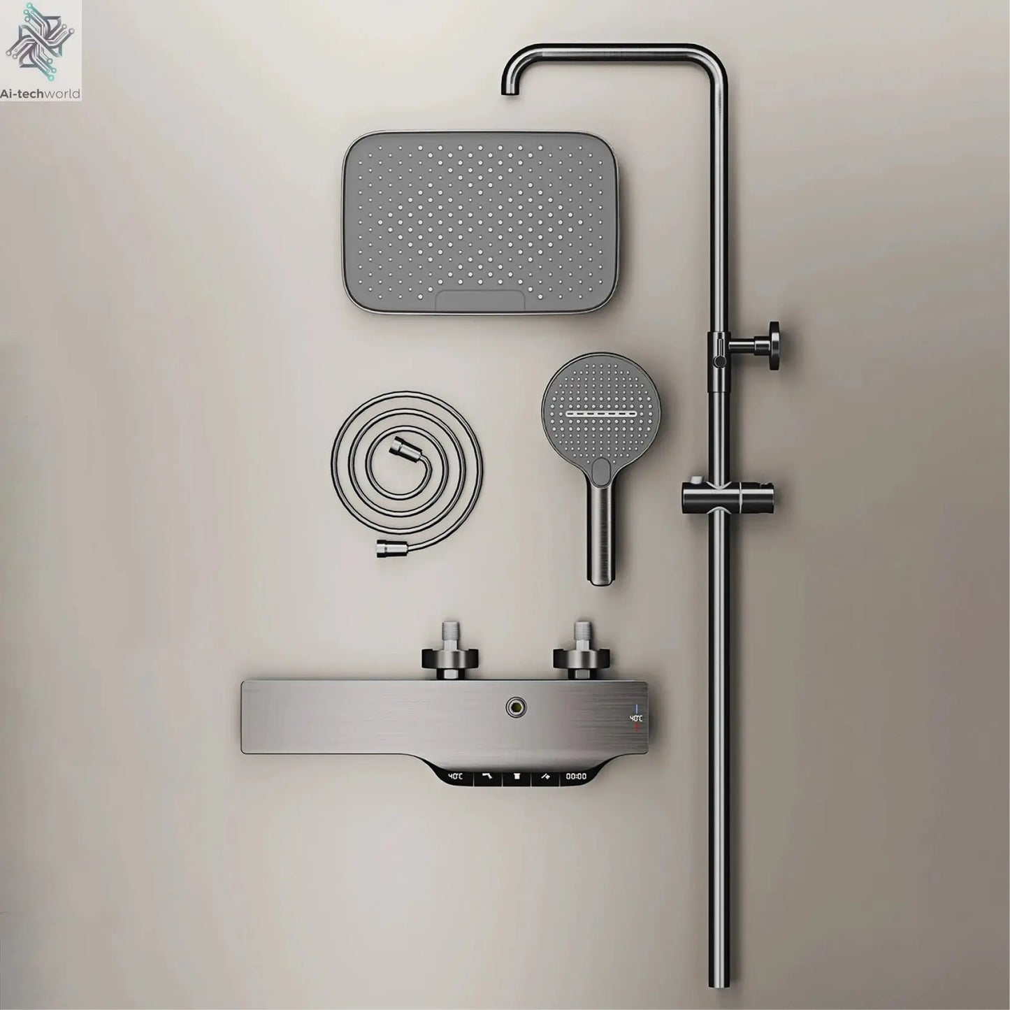 Luxury brass gun gray shower system intelligent LED digital display constant temperature design, dual control bathroom faucet Ai-TechWorld 