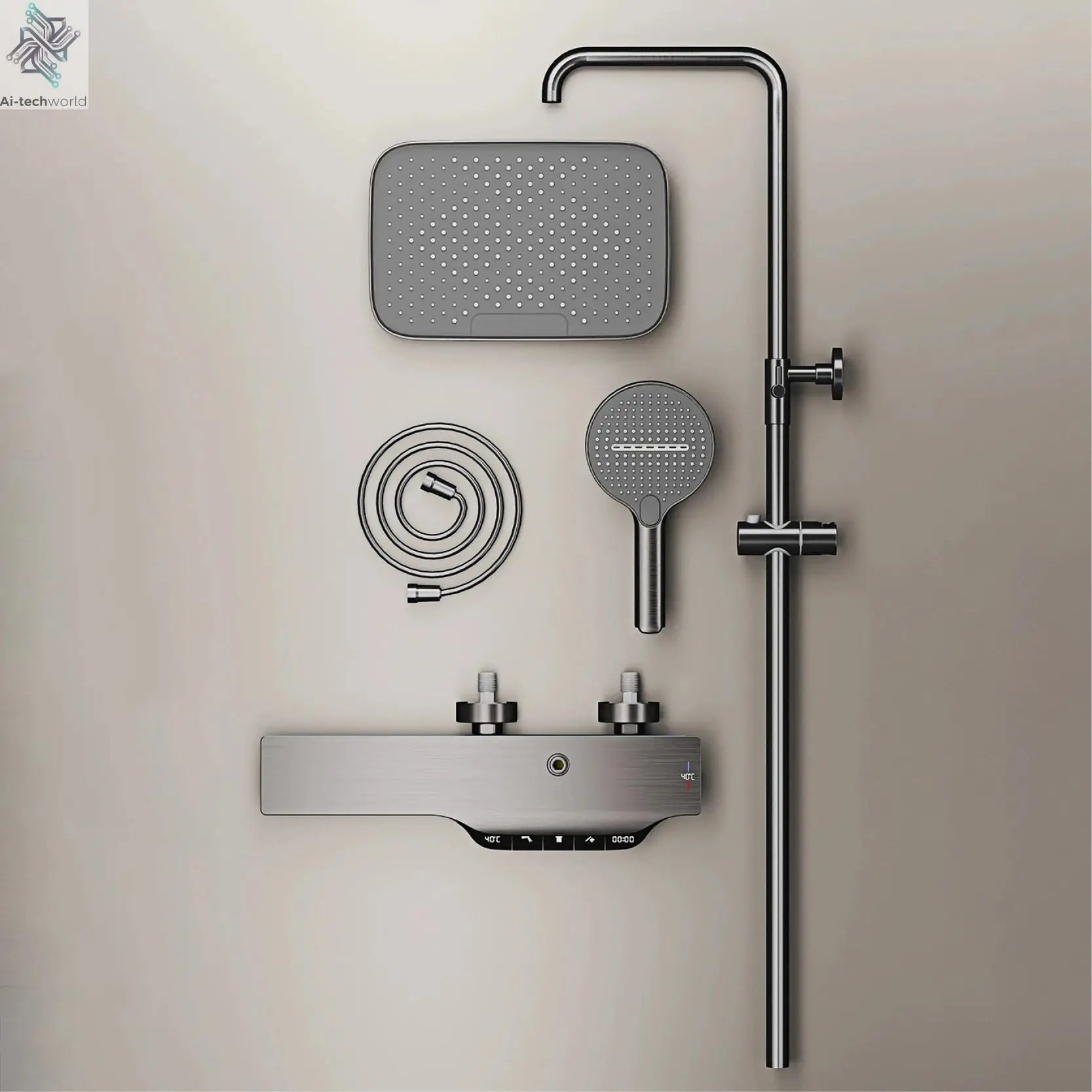 Luxury brass gun gray shower system intelligent LED digital display constant temperature design, dual control bathroom faucet Ai-TechWorld 
