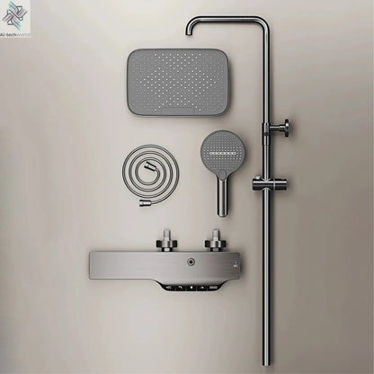 Luxury brass gun gray shower system intelligent LED digital display constant temperature design, dual control bathroom faucet Ai-TechWorld 
