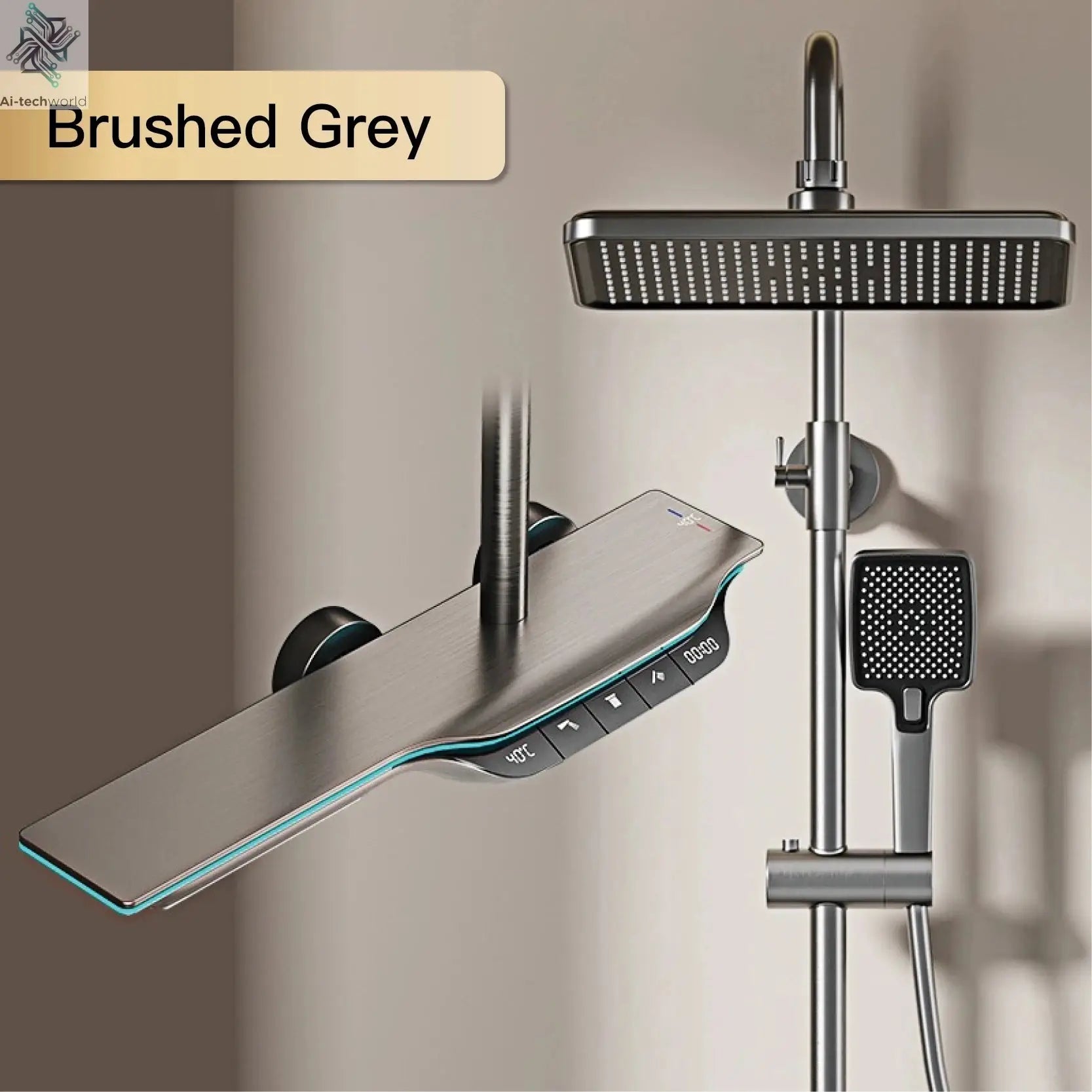 Luxury brass gun gray shower system intelligent LED digital display constant temperature design, dual control bathroom faucet Ai-TechWorld 