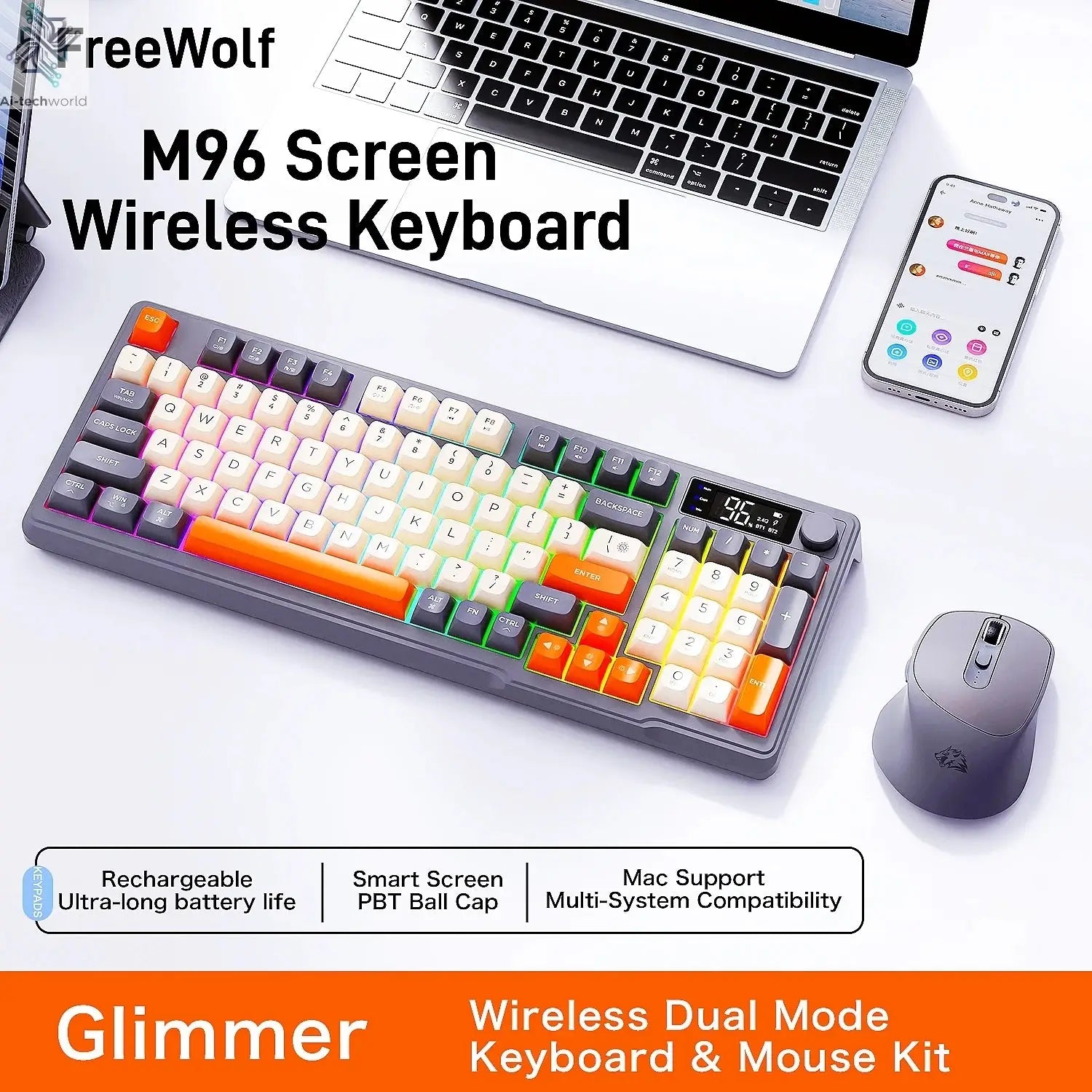 M96 Screen Wireless Keyboard Mouse Kit ZIYOULANG Bluetooth Keyboard With Mouse Gaming,Electronic Screen, Multi-Device Connection Ai-TechWorld 