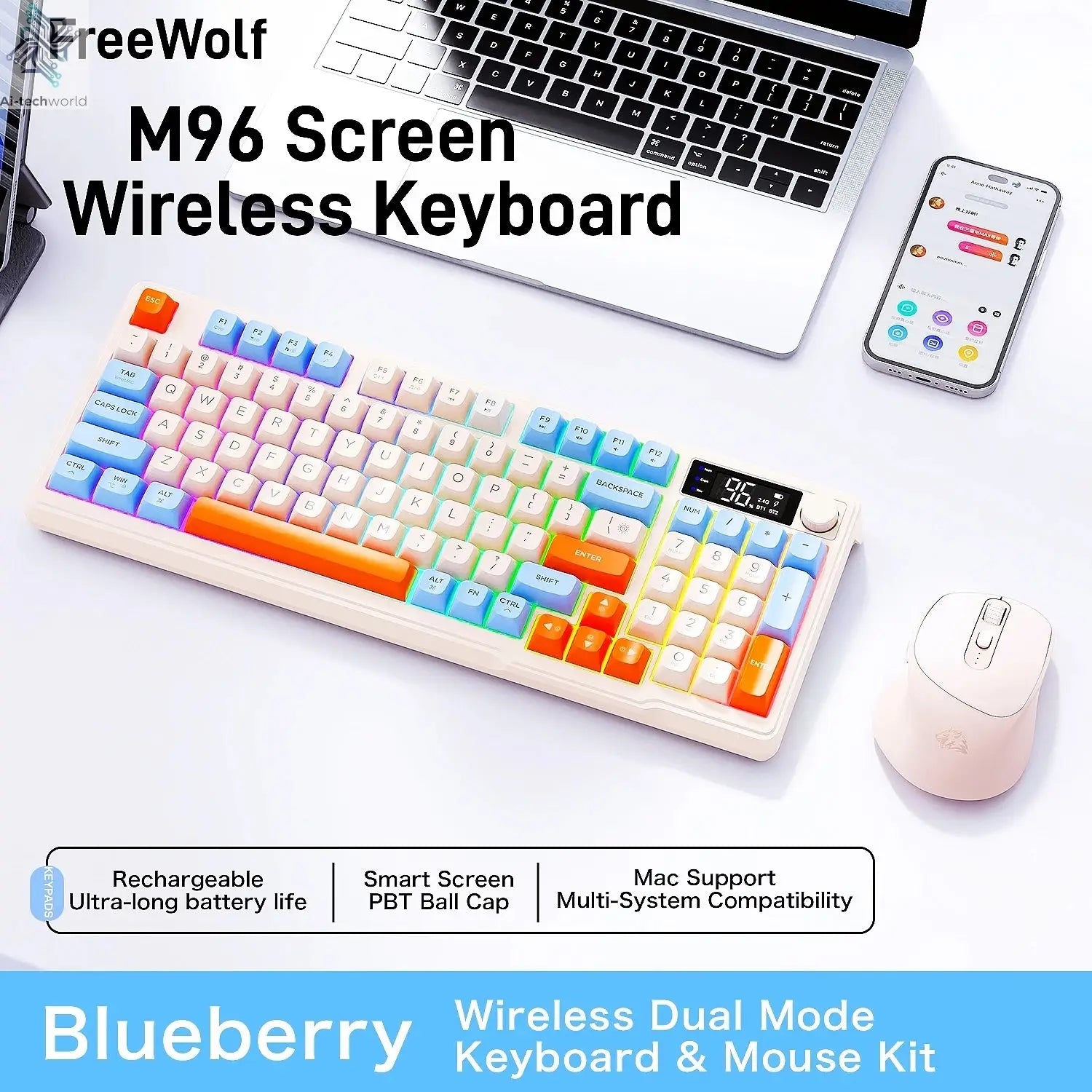 M96 Screen Wireless Keyboard Mouse Kit ZIYOULANG Bluetooth Keyboard With Mouse Gaming,Electronic Screen, Multi-Device Connection Ai-TechWorld 