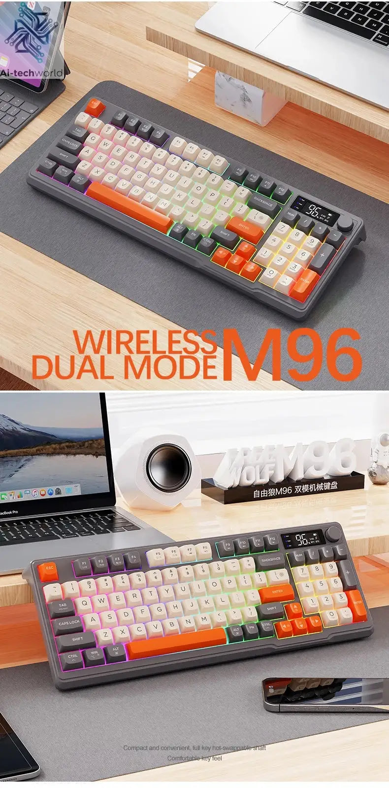 M96 Screen Wireless Keyboard Mouse Kit ZIYOULANG Bluetooth Keyboard With Mouse Gaming,Electronic Screen, Multi-Device Connection Ai-TechWorld 