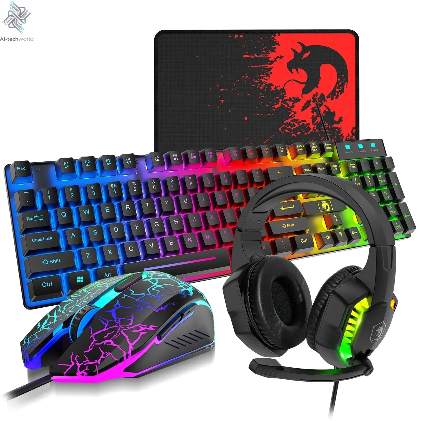 MANBASNAKE T11 Wired Gaming Keyboard and Mouse Headset Combo,Rainbow LED Backlit Wired Keyboard Ai-TechWorld 
