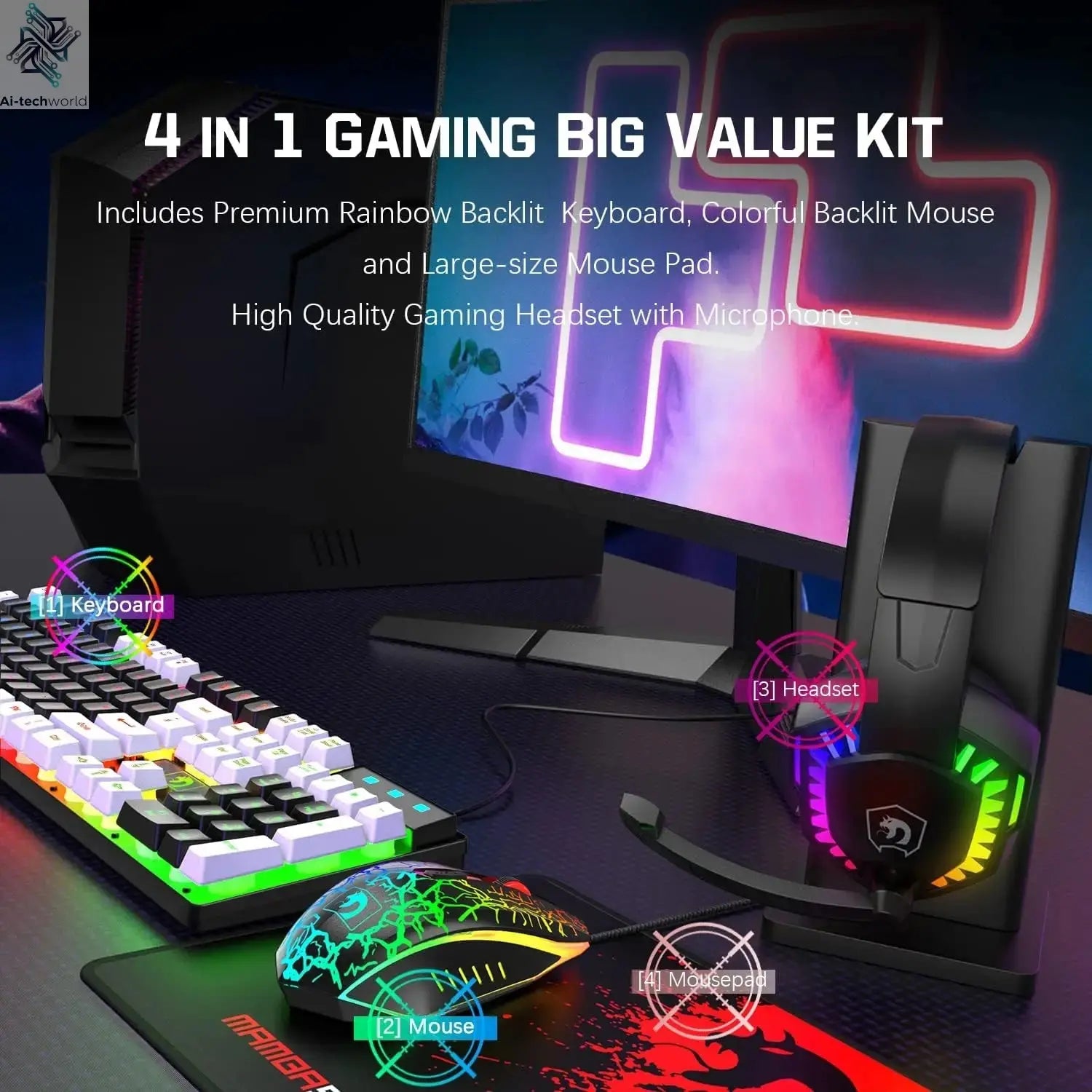 MANBASNAKE T11 Wired Gaming Keyboard and Mouse Headset Combo,Rainbow LED Backlit Wired Keyboard Ai-TechWorld 