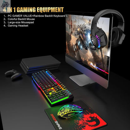 MANBASNAKE T11 Wired Gaming Keyboard and Mouse Headset Combo,Rainbow LED Backlit Wired Keyboard Ai-TechWorld 