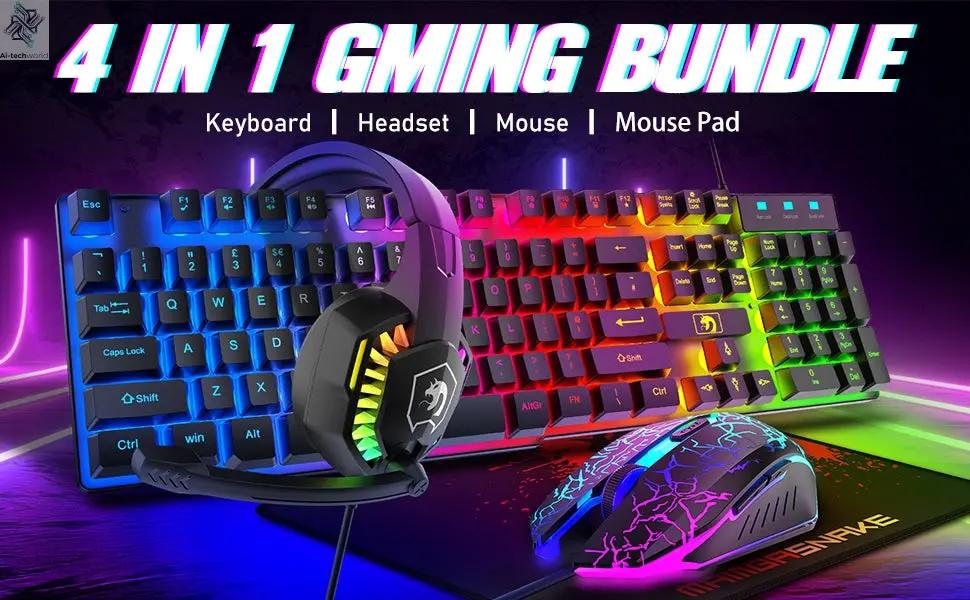 MANBASNAKE T11 Wired Gaming Keyboard and Mouse Headset Combo,Rainbow LED Backlit Wired Keyboard Ai-TechWorld 