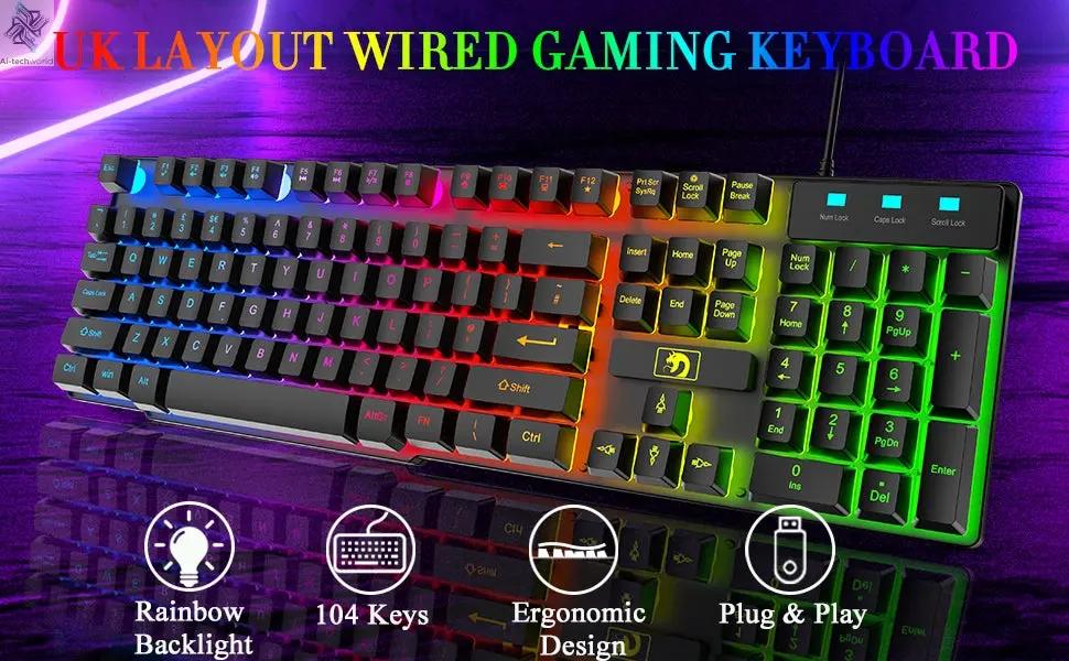 MANBASNAKE T11 Wired Gaming Keyboard and Mouse Headset Combo,Rainbow LED Backlit Wired Keyboard Ai-TechWorld 