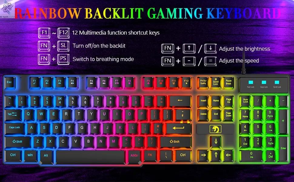 MANBASNAKE T11 Wired Gaming Keyboard and Mouse Headset Combo,Rainbow LED Backlit Wired Keyboard Ai-TechWorld 