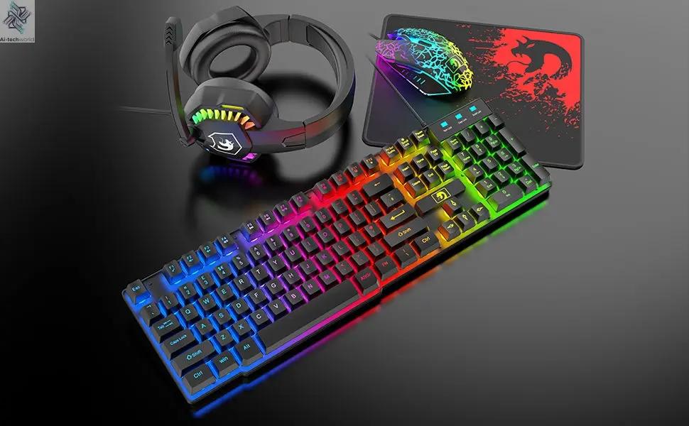 MANBASNAKE T11 Wired Gaming Keyboard and Mouse Headset Combo,Rainbow LED Backlit Wired Keyboard Ai-TechWorld 