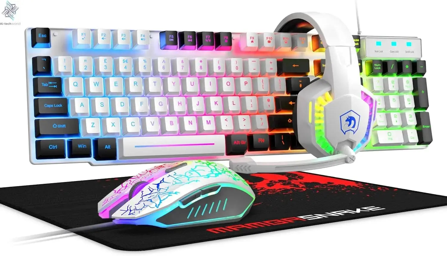 MANBASNAKE T11 Wired Gaming Keyboard and Mouse Headset Combo,Rainbow LED Backlit Wired Keyboard Ai-TechWorld 