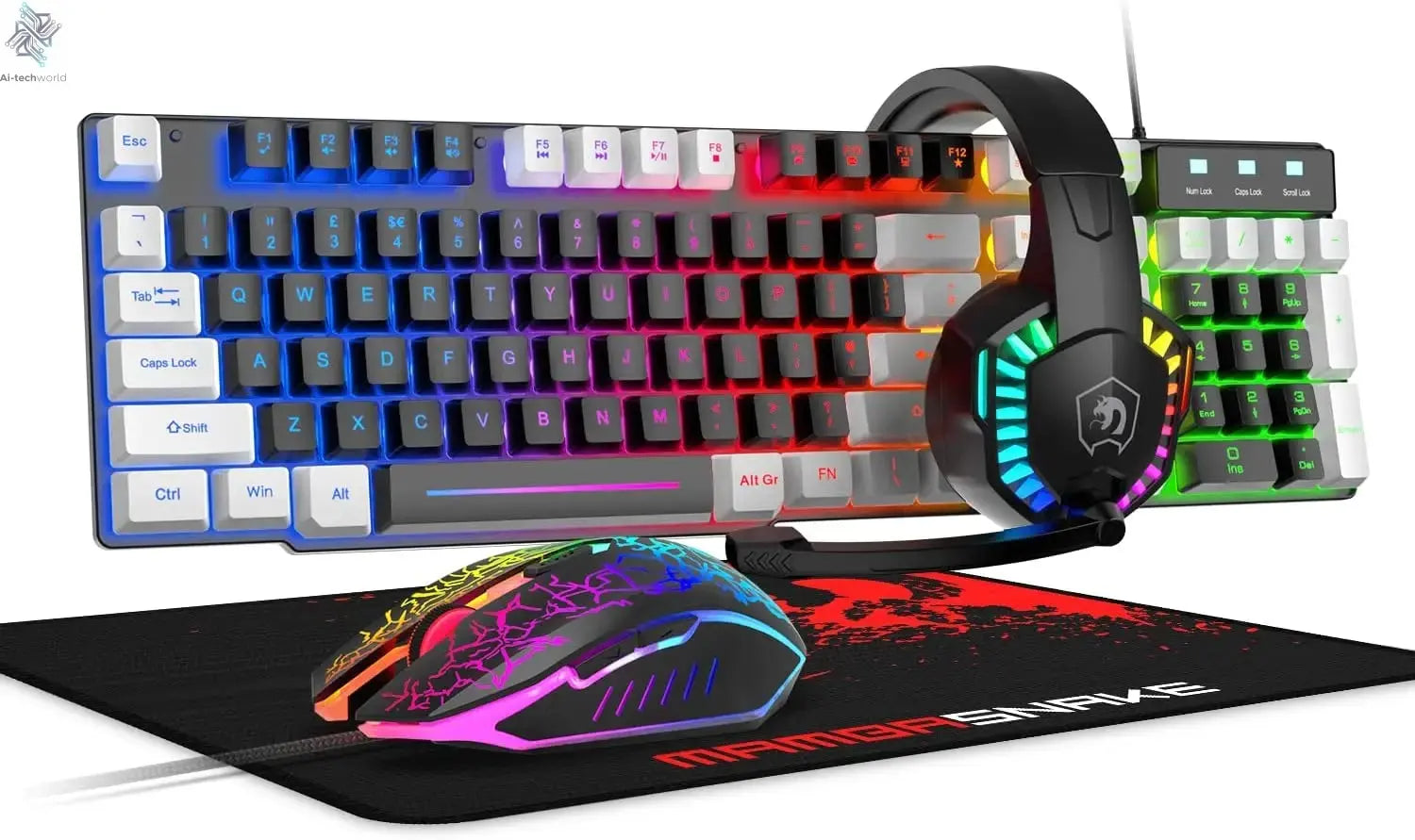 MANBASNAKE T11 Wired Gaming Keyboard and Mouse Headset Combo,Rainbow LED Backlit Wired Keyboard Ai-TechWorld 