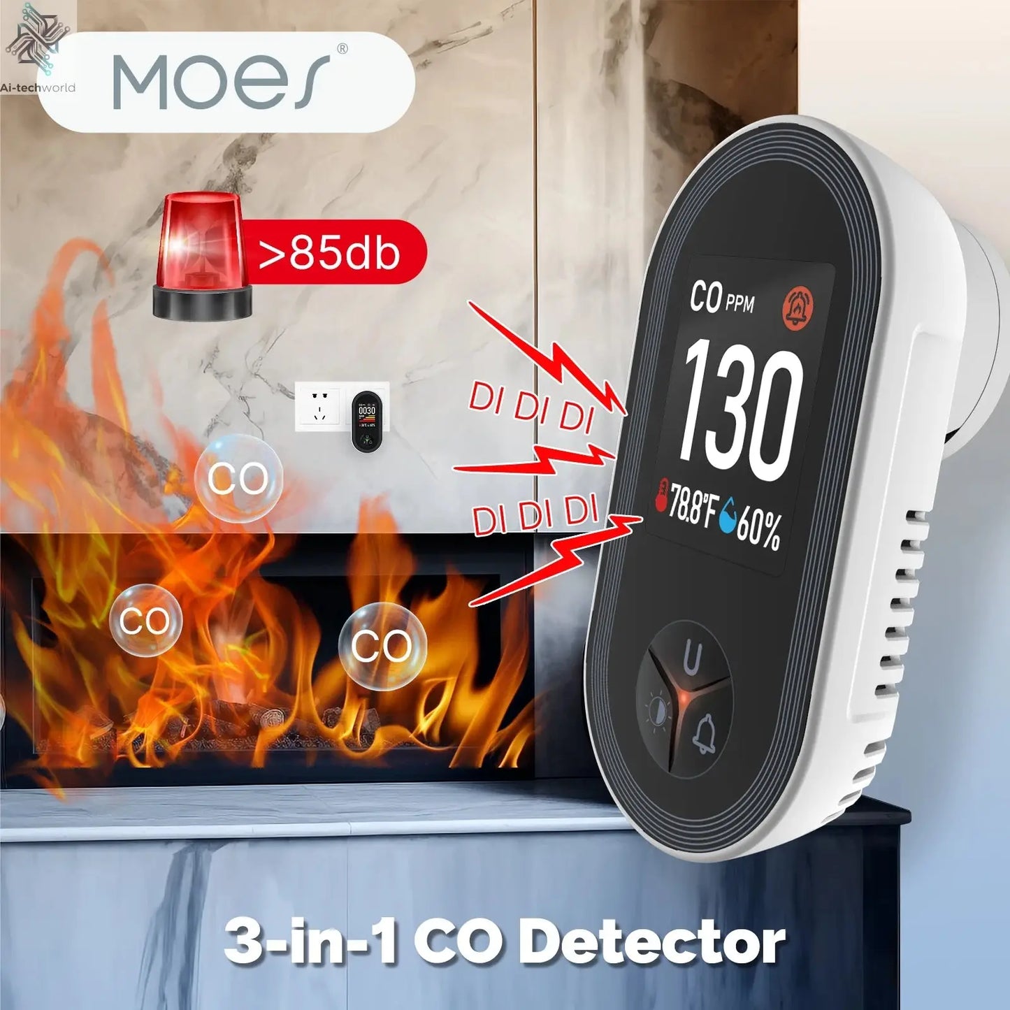 MOES Carbon Monoxide Detector Plug-in 3-in-1 Display with Temperature Humidity Sensor Built-in CO Monitor Alarm Sound Warning Ai-TechWorld 