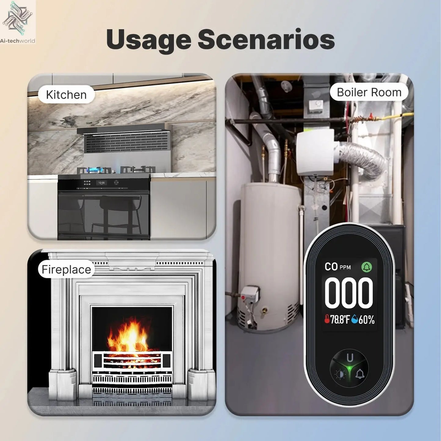 MOES Carbon Monoxide Detector Plug-in 3-in-1 Display with Temperature Humidity Sensor Built-in CO Monitor Alarm Sound Warning Ai-TechWorld 